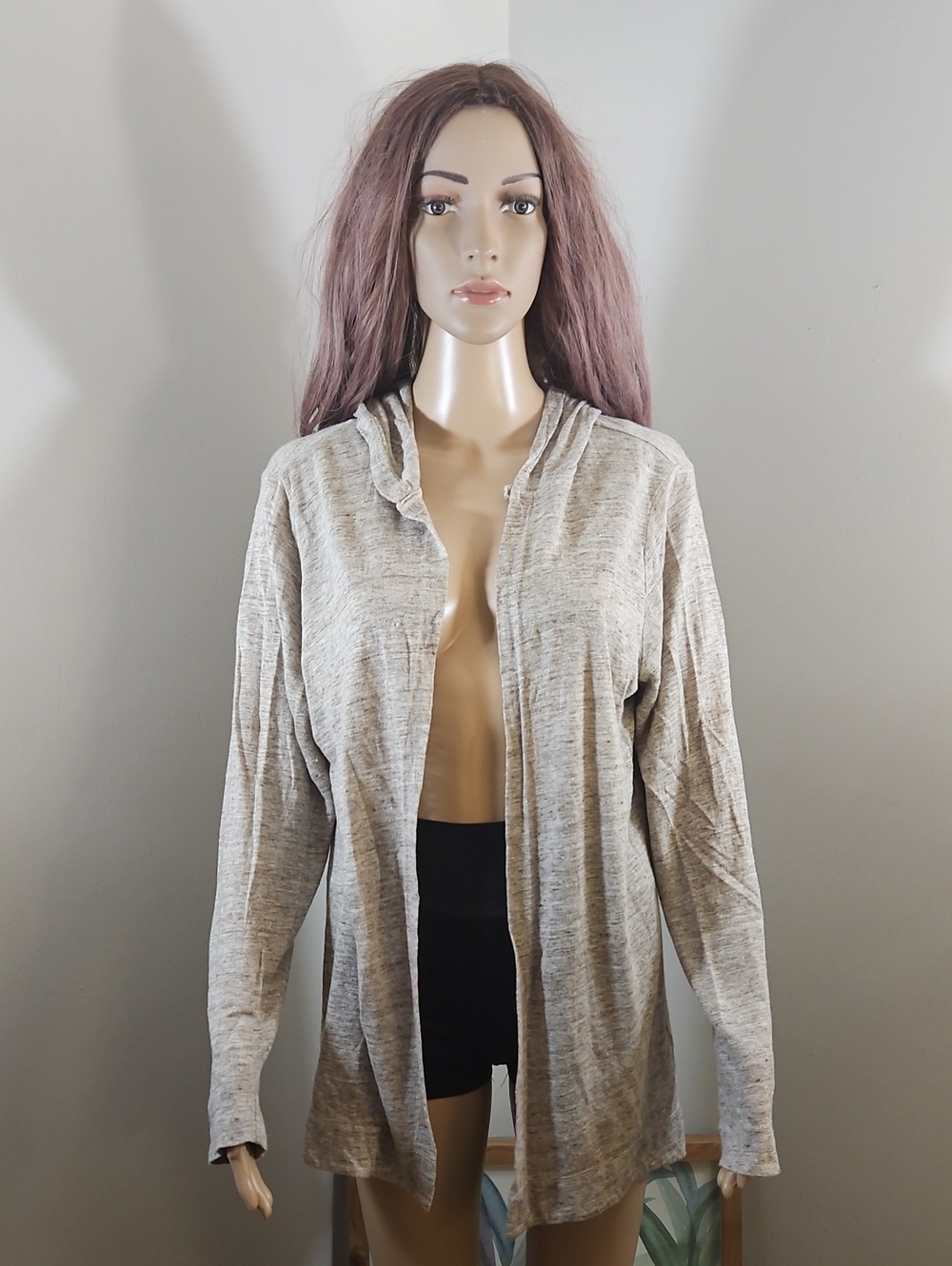 Cynthia Rowley Linen Light Taupe Hooded Open-Front Cardigan Sweater